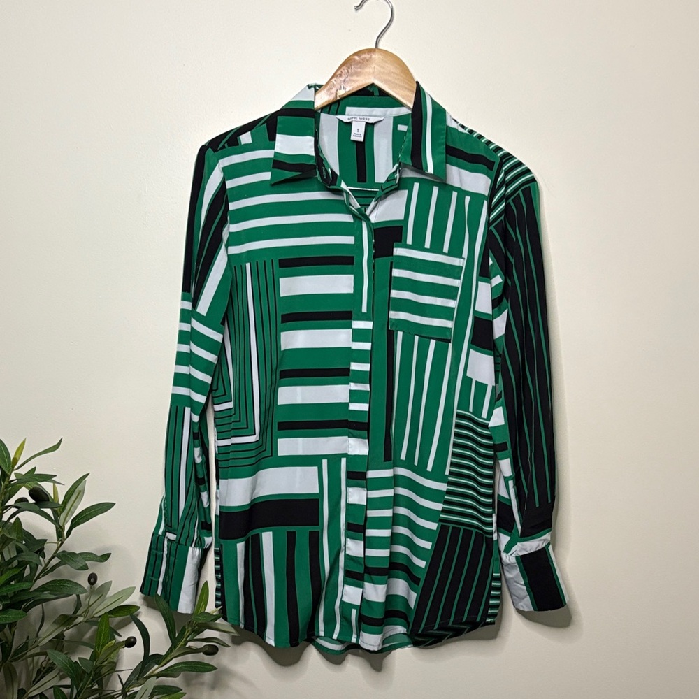 Nine West Green Striped Button Down Shirt